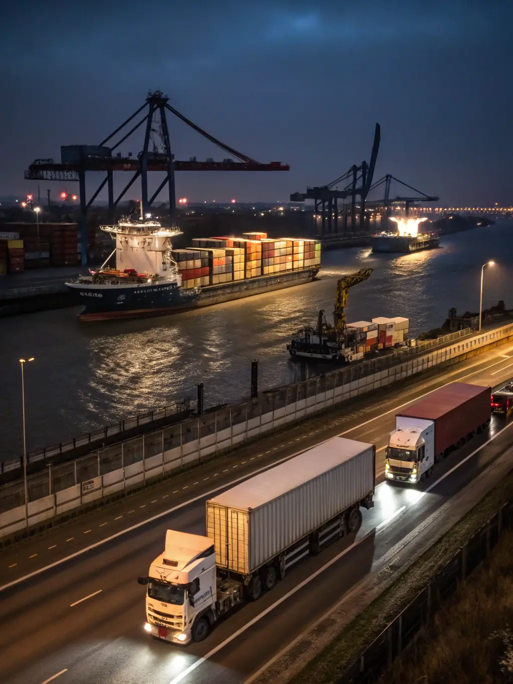 Trucks and containers in transit, with a map showing nationwide coverage, illustrating Flyght Logistics' freight and transportation network.